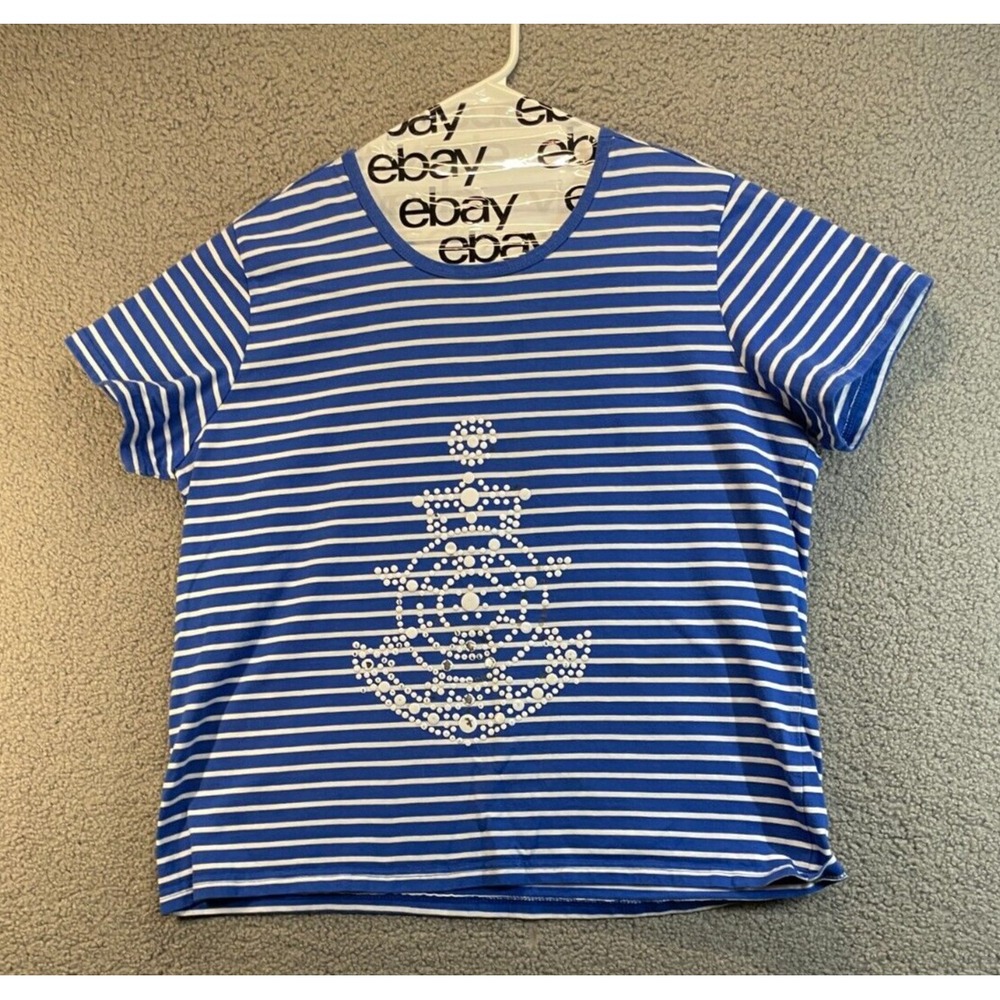 American SweetHeart  Womens Top, Blue and White Stripe, Anchor Applique, PXL‎